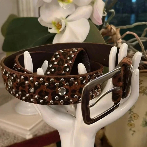 Women’s Animal Print Vegan Leather Belt Silver Buckle Rhinestone Stones Studs - Picture 8 of 16